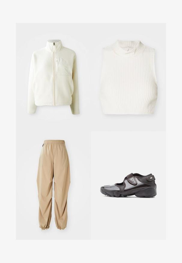 Hvid fleecejakke med høj krave, fuld lynlås og en brystlomme. Blød tekstur og afslappet design.; Hvid ribbet ærmeløs cropped top med høj hals og subtil knapdetalje ved kraven, lavet af et glat, strækbart stof.; Beige letvægtsbukser med elastisk talje, tapered manchetter og en glat tekstur, der har en afslappet pasform og ingen synlige mønstre eller udsmykninger.; Mørkebrune sportssko med en blank finish, velcrolukning, rundet tå og en tekstureret sål med polstrede designelementer.