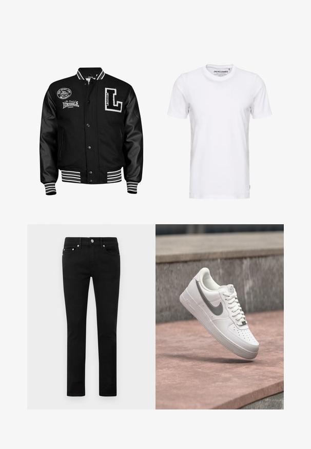 Sort varsityjakke med læderærmer, hvid broderi, stribede ribbede manchetter og talje, medlogo patches foran.; Hvid t-shirt med korte ærmer lavet af bomuld, med en rund hals og et enkelt design. Brandtag synlig på halsområdet. Ingen mønstre eller accenter.; Sorte tætsiddende jeans med fem lommer, metalknap og bæltestropper, præsenteret fladt på en hvid baggrund.; Hvid Nike Air Force 1 sneaker med gråt swoosh-logo svævende over en stensurface og en grå stenvæg i baggrunden.