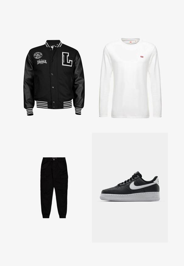 Sort varsityjakke med læderærmer, hvid broderi, stribede ribbede manchetter og talje, medlogo patches foran.; Hvid langærmet t-shirt lavet af bomuld, med en rund halsudskæring og et lille rødt Levi's logo på brystet. Enkel, klassisk design.; Sorte cargobukser lavet af bomuld, med to forlommer og to side cargolommer, samt elastiske manchetter og talje.; Sort lædersneaker med tekstureret overflade, hvid Nike swoosh, grå sål, rund tå og snørebåndsdesign. Har perforeringer på tåboksen.