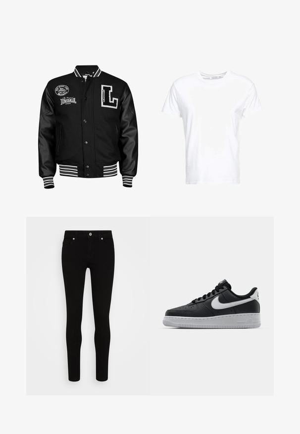 Sort varsityjakke med læderærmer, hvid broderi, stribede ribbede manchetter og talje, medlogo patches foran.; Hvid bomulds t-shirt med rund halsudskæring og korte ærmer, i en klassisk pasform og glat tekstur. Ingen mønstre eller hardware synlige.; Sorte skinny jeans med en glat tekstur, fem lommer, frontlukning med knap og en slank silhuet. Minimalistisk stil uden synlige mønstre.; Sort lædersneaker med tekstureret overflade, hvid Nike swoosh, grå sål, rund tå og snørebåndsdesign. Har perforeringer på tåboksen.