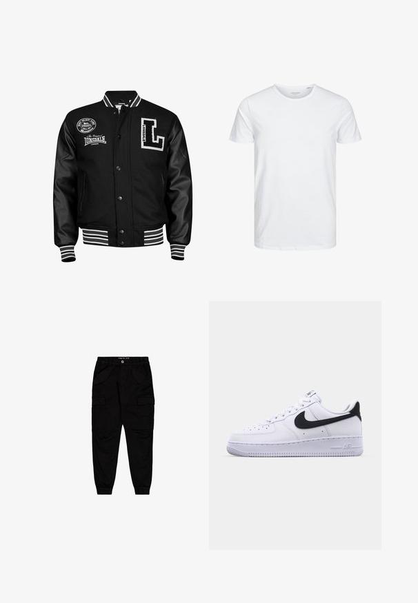 Sort varsityjakke med læderærmer, hvid broderi, stribede ribbede manchetter og talje, medlogo patches foran.; Rundhals kortærmet t-shirt i ensfarvet hvid, lavet af blød bomuld, har et simpelt design uden synlige mønstre eller detaljer.; Sorte cargobukser lavet af bomuld, med to forlommer og to side cargolommer, samt elastiske manchetter og talje.; Hvide lædersneakers med en struktureret sort Swoosh, flade snørebånd og en gummisål med et rillemønster. "AIR" er præget på hælen.
