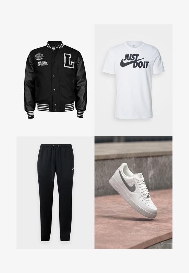 Sort varsityjakke med læderærmer, hvid broderi, stribede ribbede manchetter og talje, medlogo patches foran.; Hvid bomulds T-shirt med et fremtrædende sort "Just Do It" logo og Nike swoosh. Klassisk crew neck design med korte ærmer.; Sorte sweatshirtbukser lavet af blødt stof, med elastisk talje og snoretræk, ribbede ankler og en lille logo-detalje på siden.; Hvid Nike Air Force 1 sneaker med gråt swoosh-logo svævende over en stensurface og en grå stenvæg i baggrunden.