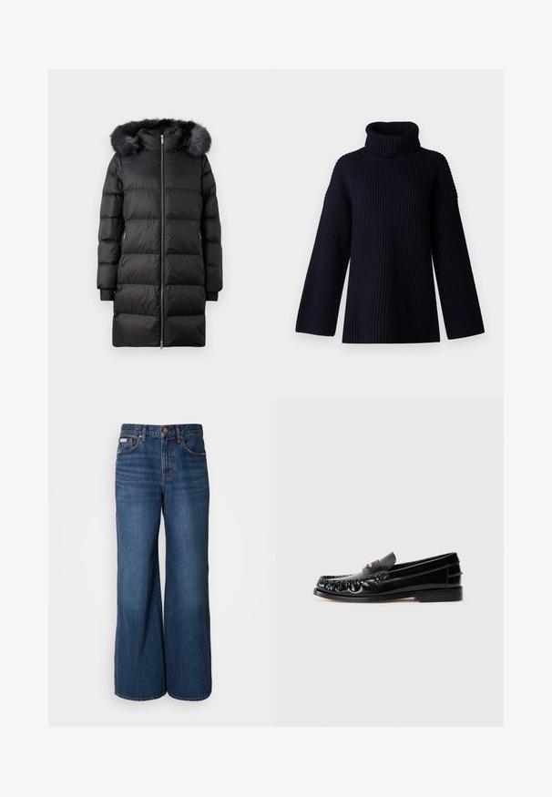 Doudoune noire avec capuche en fausse fourrure, dotée d'une fermeture éclair, design matelassé et poches latérales. Manches longues avec poignets côtelés.; Pull à col roulé bleu marine avec texture côtelée, manches larges et coupe décontractée. Matière douce et design minimaliste.; Jean large en denim bleu foncé. Les caractéristiques incluent une taille haute, cinq poches et des coutures contrastantes orange le long des coutures.; Mocassins en cuir noir avec un bout arrondi, des coutures décoratives et un petit accent doré sur le dessus. Semelle en caoutchouc plate, design épuré.