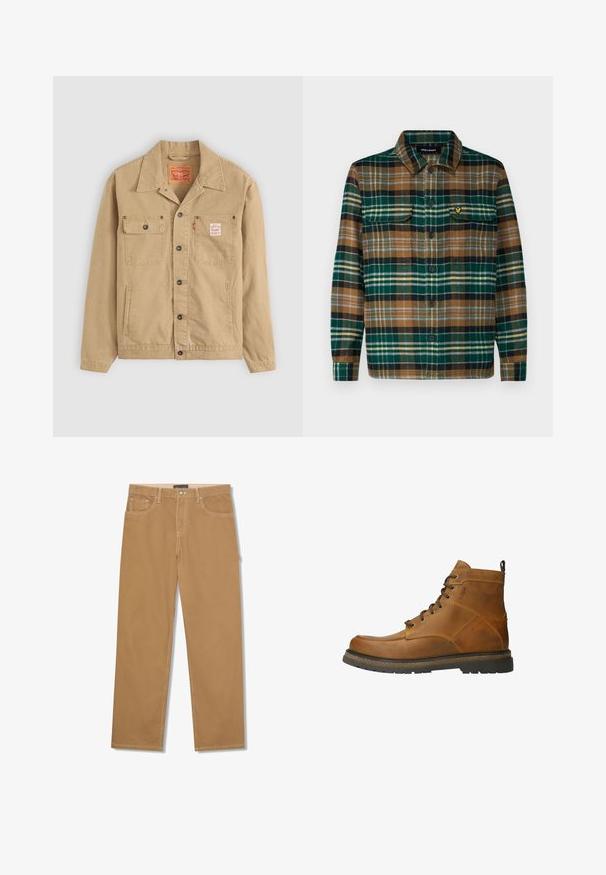 Levi's® Workwear SUNRISE TRUCKER - Lichte jas - tiger's eye; Geruite flanellen overhemd in groen, bruin en zwart met een knoopsluiting aan de voorkant, twee borstzakken en een klein geborduurd logo op de linker zak.; Lichtbruine broek met rechte pijpen, vooraan met knoop en rits, met voorzakken en muntzakje, en zichtbare witte stiksels.; Bruine leren enkelboot met een ronde neus, vetersluiting en een gestructureerde rubberen zool. Voorzien van een lipje aan de achterkant en zichtbare stikseldetails.