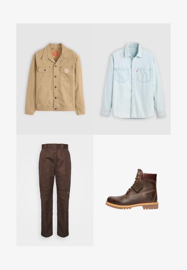 Levi's® Workwear SUNRISE TRUCKER - Leichte Jacke - tiger's eye; Hellblaues Denim-Langarmhemd mit Knopfleiste vorne, zwei Brusttaschen und Kragen, vor einem einfarbigen hellen Hintergrund gezeigt.; Braune, gerade geschnittene Hose mit glatter Textur. Verfügt über einen Gürtelschlaufen, Seitennähte und ein kleines Markenlogo am linken Bein.; Braune Leder-Ankelstiefel mit runder Zehenpartie, robuster Sohle, goldfarbener Hardware und strukturiertem Obermaterial. Enthält ein angehängtes Logo-Tag.