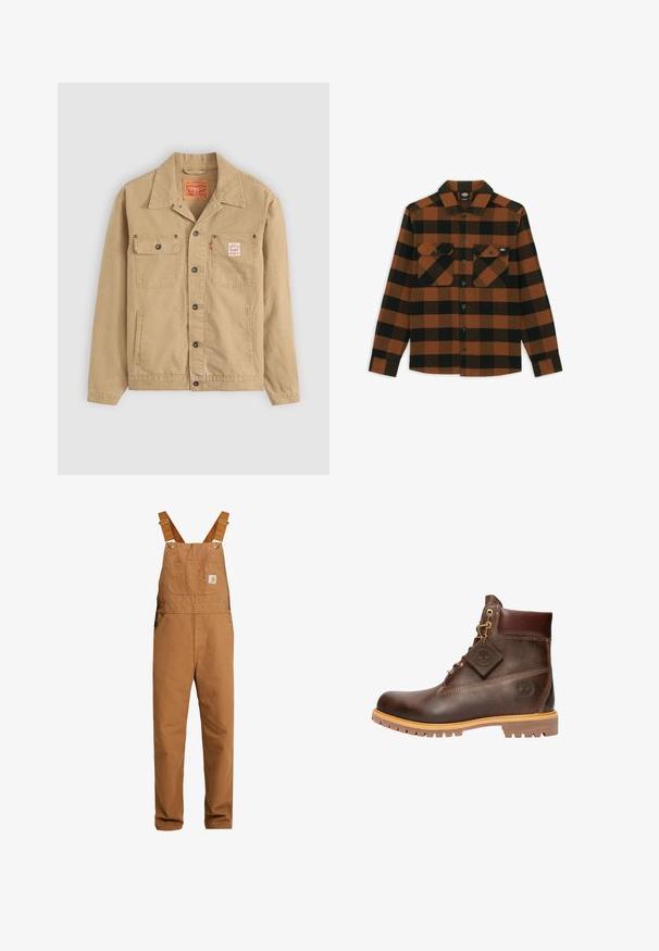 Levi's® Workwear SUNRISE TRUCKER - Letná bunda - tiger's eye; Tričko s dlhým rukávom v oranžovo-čiernej kockovanej vzore, vyrobené z textúrovaného materiálu. Má dve náprsné vrecká a zapínanie na gombíky.; Carhartt WIP BIB OVERALL DEARBORN CANVAS - Montérky - hamilton brown rinsed; Hnedé kožené členkové čižmy s okrúhlou špičkou, robustnou podrážkou, zlatým kovovým doplnkom a štruktúrovaným zvrškom. Obsahujú priliepený štítok s logom.