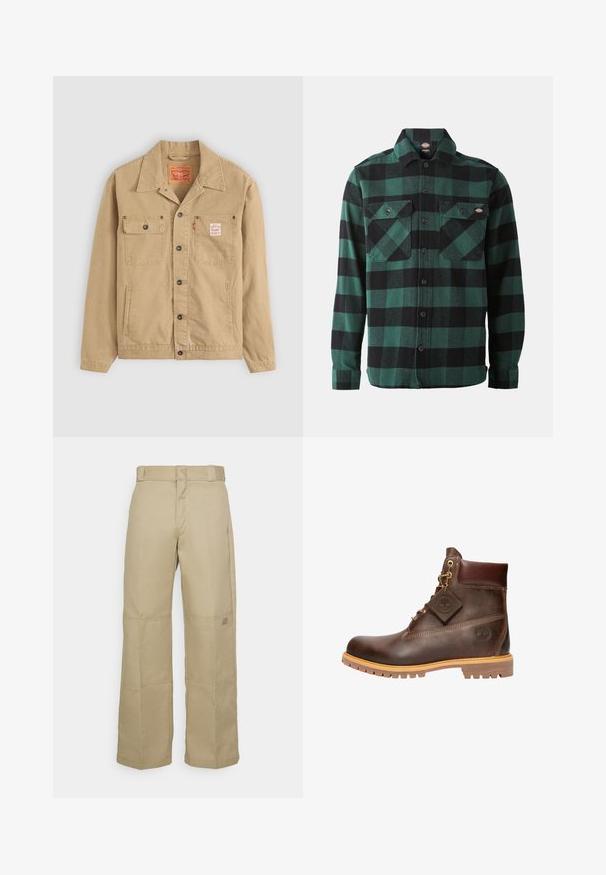Levi's® Workwear SUNRISE TRUCKER - Let jakke / Sommerjakker - tiger's eye; Grøn- og sortternet flannel skjorte med lange ærmer, knaplukning foran, to brystlommer og en klassisk krave. Blød tekstur, alsidigt design.; Beige brede benbukser lavet af robust stof, med høj talje, synlig syning og et lille logo-patch på siden.; Brun læder ankelstøvle med rund tå, solid sål, hardware i guldtone og en tekstureret overdel. Inkluderer et logo-tagfæstet.
