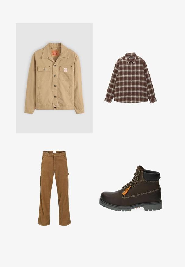 Levi's® Workwear SUNRISE TRUCKER - Kevyt takki - tiger's eye; Ruskeavalkoinen ruudullinen pitkähihainen nappitakki kauluksella, aseteltu tasaisesti valkoiselle taustalle.; Ruskeat corduroy-housut, joissa on normaali istuvuus. Housuissa on sivutaskut, yksi cargo-tasku ja nappikiinnitys vyötäröllä.; Ruske kožne gležnjarje z sivim gumijastim podplatom, oranžno oznako in kovinskimi luknjicami. Imajo kontrastno šivanje in oblazinjen ovratnik.