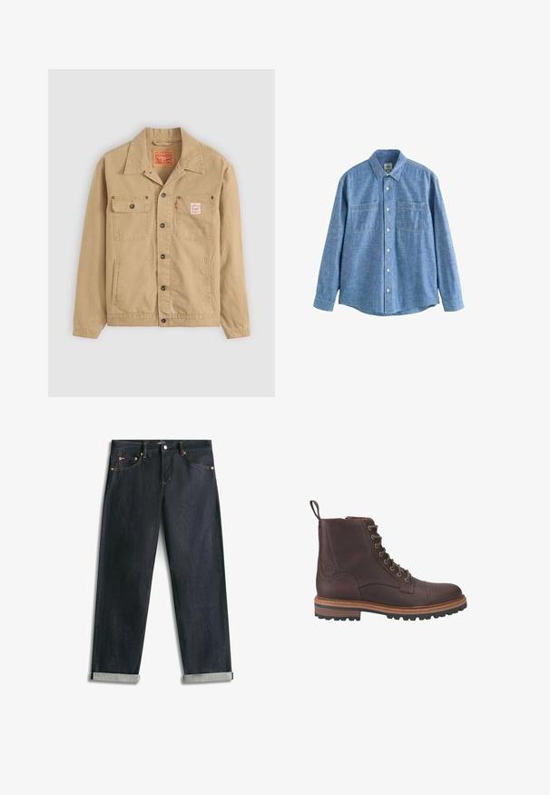 Levi's® Workwear SUNRISE TRUCKER - Leichte Jacke - tiger's eye; Langärmliges blaues Chambray-Hemd mit Knopfleiste und zwei Brusttaschen, flach auf weißem Hintergrund liegend.; Dunkelblaue Denim-Jeans mit umgeschlagenen Bündchen, fünf Taschen und kontrastierender Naht, flach auf weißem Hintergrund liegend.; Braune Leder-Stiefeletten mit Schnürung, strukturierter Oberfläche, kontrastierenden beigen Sohlen und Metallösen. Verfügen über eine Lasche zum einfachen An- und Ausziehen.