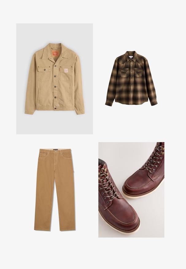 Levi's® Workwear SUNRISE TRUCKER - Let jakke / Sommerjakker - tiger's eye; Brun og sort ternet langærmet skjorte med krave, trykknapper foran og to brystlommer med klap og knapper.; Lysebrune bukser med lige ben, forrest knap og lynlås, forlommer og møntlomme samt synlige hvide sting.; Brune læderstøvler med en glat finish, med metal-øjer, grå snørebånd og en cremefarvet gummisål. Syning langs kanterne som detalje.