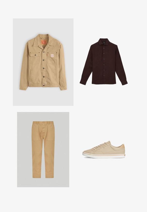 Levi's® Workwear SUNRISE TRUCKER - Kevyt takki - tiger's eye; Tummanruskea miesten pitkähihaiset nappipaita, jossa klassinen kaulus ja napilliset kalvosimet, esitetty tasaisesti valkoisella taustalla.; Vaaleanbeige puuvillapantsit suoran leikkauksen, etupainikkeen suljinmekanismilla ja kahdella suurella sivutaskulla; sileä pinta ilman kuvioita.; Beigen värinen kangaskenkä pyöreällä kärjellä, valkoisella kumipohjalla ja sävy sävyyn ompeleilla. Sivussa brändin logo ja nauhakiinnitys.