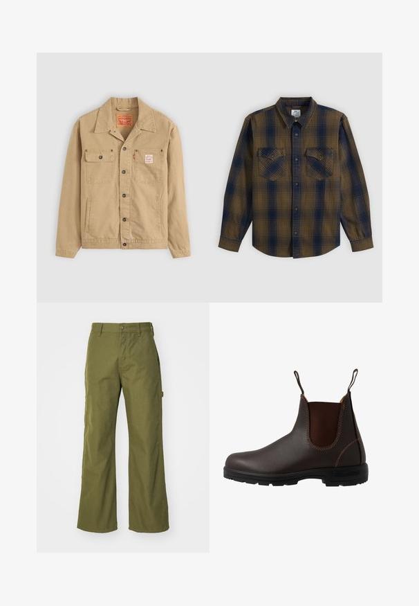 Levi's® Workwear SUNRISE TRUCKER - Lichte jas - tiger's eye; Overhemd met lange mouwen en knopen, met bruin en marineblauw ruitpatroon en twee borstzakken met knopen, plat uitgespreid op een witte achtergrond.; Olijfgroene wijde broek van duurzaam materiaal, met een knoopsluiting, zijzakken en een rechte zoom.; Bruine leren Chelsea-laars met elastisch zijpaneel, bruine stiksels, trekriempjes en een duurzame rubberen zool met een gestructureerd patroon.