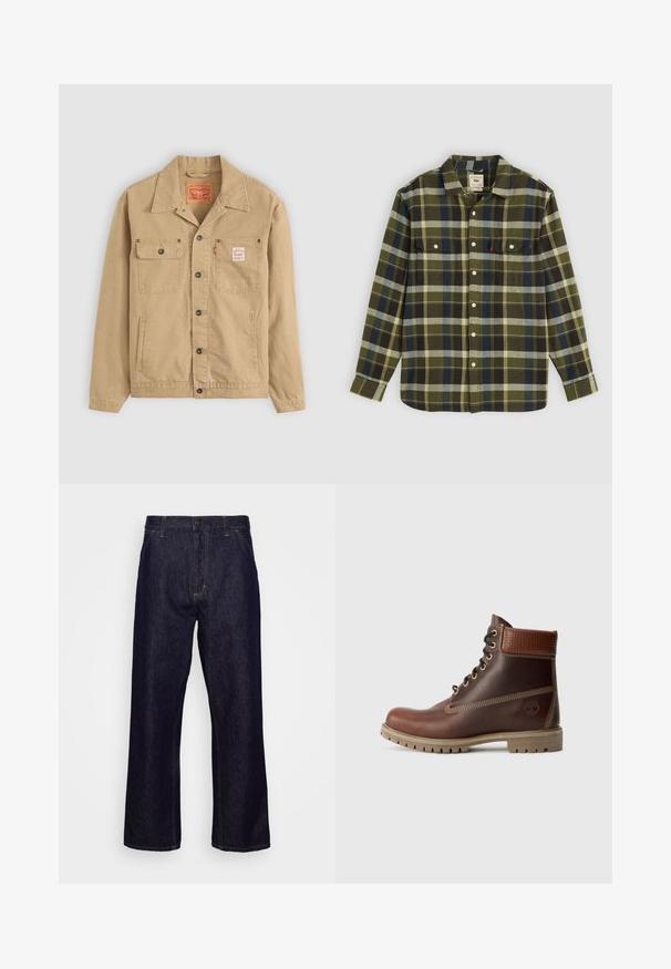 Levi's® Workwear SUNRISE TRUCKER - Let jakke / Sommerjakker - tiger's eye; Grønternet flannel skjorte med lange ærmer, med to brystlommer og hvide knapper. Materialet har en blød tekstur og et afslappet design.; Mørkeblå lige ben denim jeans med forlommer, bæltestropper, lynlås og knaplukning, præsenteret foran en simpel hvid baggrund.; Brun læder snørebånd ankelstøvle med polstret krave, kontrastsyning og robust sål, vist fra ydersiden på en hvid baggrund.