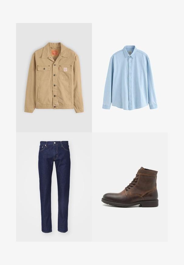 Levi's® Workwear SUNRISE TRUCKER - Letná bunda - tiger's eye; Svetlomodrá denimová košeľa s dlhým rukávom, gombíkmi, golierom a bielymi gombíkmi, stredná veľkosť, zobrazená na bielom pozadí.; Námořnické modré džíny s rovný fit, designem s pěti kapsami, kontrastním oranžovým prošíváním a stříbrným knoflíkem na zapínání v pase.; Jack & Jones JFWDELANEY BOOT - Členkové šnurovacie čižmy - cognac