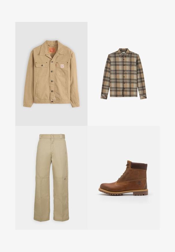 Levi's® Workwear SUNRISE TRUCKER - Leichte Jacke - tiger's eye; Langärmliges Hemd mit einem braun-beigen Karomuster, mit Knopfverschluss und traditionellem Kragen. Hergestellt aus strukturiertem Stoff.; Beige, weit geschnittene Hosen aus robustem Stoff, mit hoher Taille, sichtbaren Nähten und einem kleinen Logopatch an der Seite.; Braune Lederwanderschuhe mit glatter Oberfläche, gepolstertem Knöchel, Metallösen und einer Gummisohle mit robustem Profil.