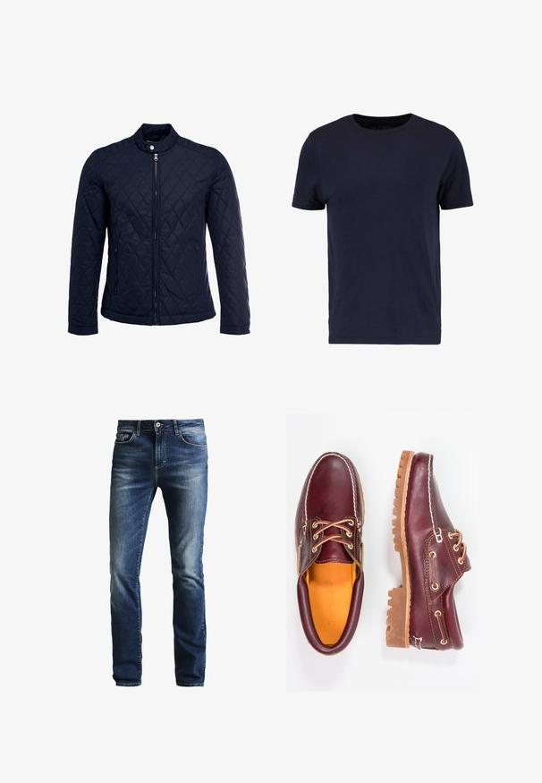 Veste matelassée bleu marine avec col montant, fermeture éclair sur le devant et deux poches latérales. Le matériau a une texture lisse avec des motifs en losange.; Pier One by Zalando T-shirt basique - dark blue; Jeans en denim bleu foncé avec un lavage délavé, coupe droite, design à cinq poches et fermeture à bouton argenté. Présente des coutures contrastées.; Chaussures en cuir bourgogne avec semelles en caoutchouc marron, bout rond, couture blanche et œillets dorés. L'intérieur présente une doublure jaune.