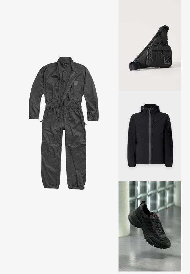 Μαύρο μπουφάν softshell με ψηλό γιακά, μπροστινό φερμουάρ, δύο πλαινά τσέπες και μία τσέπη στο στήθος. Διαθέτει ρυθμιζόμενη κουκούλα και ελαστικές μανσέτες.; Μακρυμάνικη μαύρη φόρμα εργασίας με φερμουάρ μπροστά, ελαστική μέση και μανσέτες, πολλαπλές τσέπες με φερμουάρ και όρθιο γιακά με κουμπί κλικ.; Μαύρο αθλητικό παπούτσι Calvin Klein με επάνω μέρος από δίχτυ, επενδεδυμένο γιακά και ανθεκτική σόλα, εμφανίζεται να αιωρείται πάνω από δάπεδο από σκυρόδεμα.; Μαύρη τσάντα Calvin Klein crossbody με ρυθμιζόμενο λουρί, μπροστινή τσέπη με φερμουάρ και διακριτικό μοτίβο λογότυπου σε απλό φόντο.