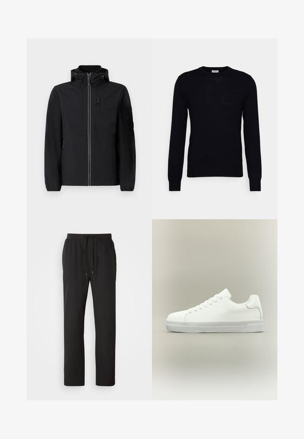 Veste softshell noire avec un col montant, fermeture éclair à l'avant, deux poches latérales et une poche poitrine. Équipée d'une capuche ajustable et de poignets élastiques.; Pull noir à manches longues en tricot doux. Encolure ronde, poignets et ourlet côtelés. Design minimaliste sans motifs ni boutons visibles.; Pantalons de jogging noirs en tissu léger, dotés d'une taille élastique avec cordons de serrage réglables et poches latérales. Texture lisse.; Baskets basses blanches à lacets, doté d'un col rembourré et d'une semelle en caoutchouc texturée, présentées de profil sur un fond neutre.
