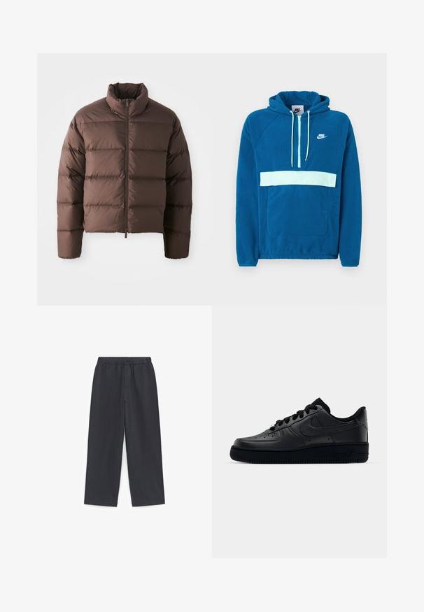 Bruine pufferjack met hoge kraag en ritssluiting aan de voorkant, met horizontale gestikte delen en elastische manchetten voor warmte.; Hoodie van blauwe fleece met een lichtblauwe paneel en zak. Voorzien van een kangoeroezak en wit Nike-logo op de borst.; Zwarte broek met elastische tailleband en rechte pijpen, voorzien van een gladde stof en een ritssluiting aan de voorkant.; Zwarte Nike Air Force 1 sneaker met een gladde leren bovenkant, geperforeerde neus voor ademend vermogen, zwarte veters en een getextureerde rubberen zool.