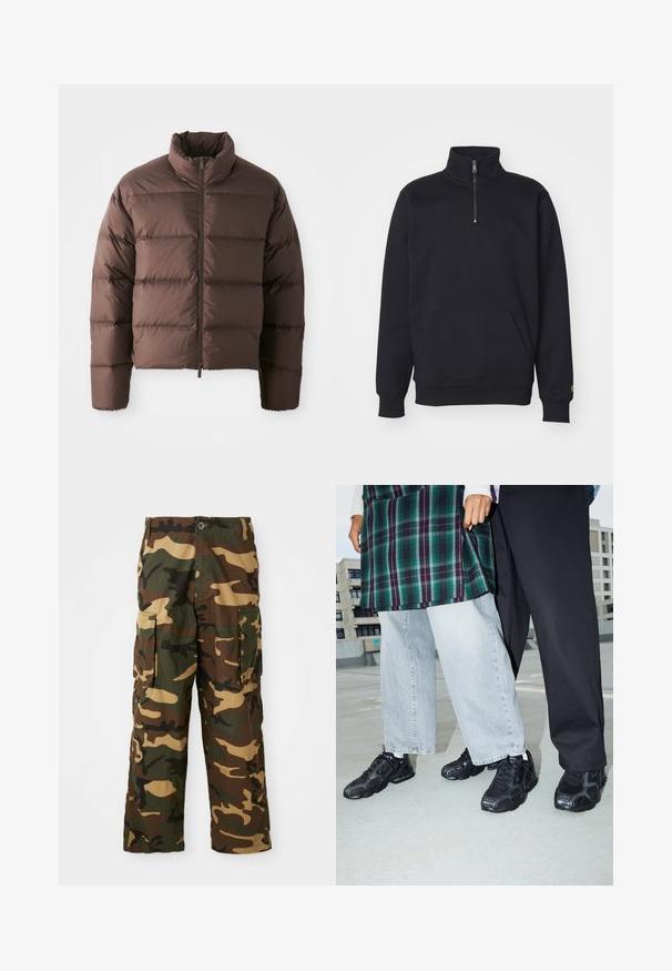 Braune Pufferjacke mit hohem Kragen und Frontreißverschluss, ausgestattet mit horizontalen Steppnähten und elastischen Bündchen für Wärme.; Schwarzer Fleece-Quarter-Zip-Sweatshirt mit hohem Kragen, gerippten Bündchen, Kängurutasche und kleinem goldenen Logo-Akzent am Ärmel.; Tarncargo-Hosen in Grün, Braun und Beige. Mit zwei großen Seitentaschen und einem Knopfverschluss. Aus strukturiertem Stoff gefertigt.; Schwarze Sportschuhe mit Mesh- und Gummielementen. Kombiniert mit hellgrauen weiten Jeans und einem karierten grünen Oberteil. Flacher Hintergrund.