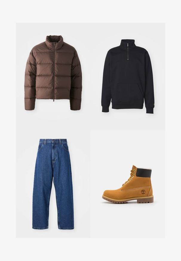 Brun pufferjakke med høj krave og frontal lynlås, som har horisontale kviltede sektioner og elastiske manchetter for varme.; Sort fleece sweatshirt med kvart lynlås, høj krave, ribbede manchetter, kengurulomme og en lille guld logo accent på ærmet.; Denimwide-leg jeans i mørkeblå. Har høj talje, bæltestropper og klassisk fem-lommers design. Syet kant med en ren finish.; Brune læder ankelstøvle med metaløjer, hvid pelsforing, sort polstret krave, robust sål og præget logo på siden.