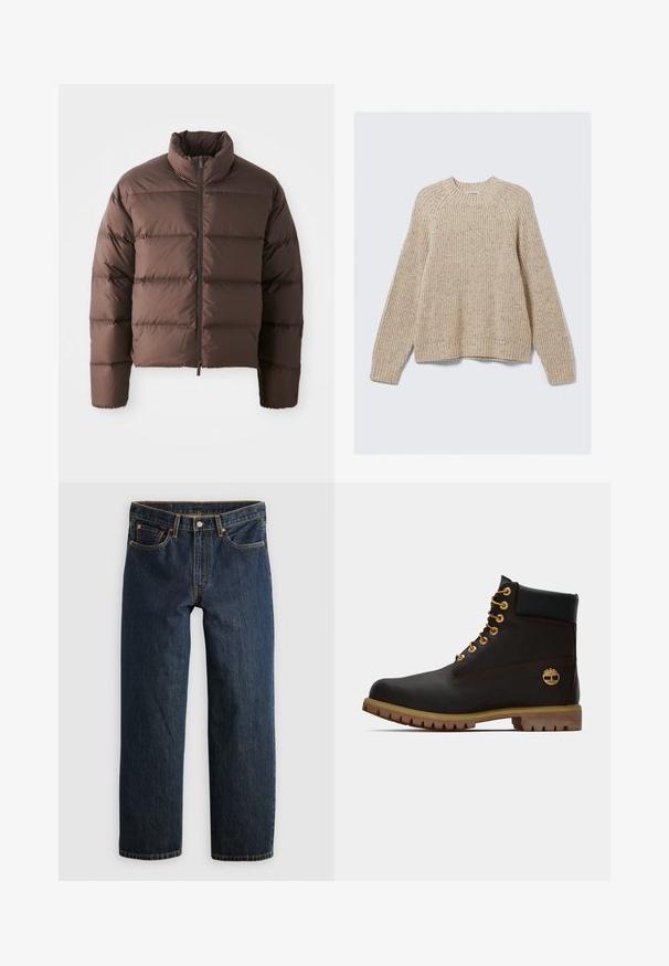 Brun pufferjakke med høj krave og frontal lynlås, som har horisontale kviltede sektioner og elastiske manchetter for varme.; Beige ribbet sweater med rund halsudskæring og lange ærmer. Lavet af tekstureret materiale, med en afslappet pasform og ribbede manchetter.; Mørkeblå denimjeans med en lige ben-snit. Har fem lommer, kontrastsyning og knaplukning i taljen.; Sorte læder ankelstøvle med gyldne øjer, brune detaljer og gummisål. Har en polstret krave og præget logo på siden.