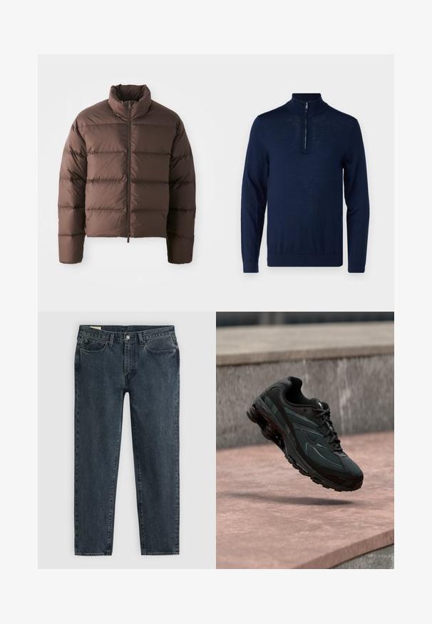 Brun pufferjakke med høj krave og frontal lynlås, som har horisontale kviltede sektioner og elastiske manchetter for varme.; Mørkeblå, langærmet pullover med kvart-zip krave. Glat tekstur, tætsiddende design, minimale søm-detaljer og ingen synlige logoer.; Mørkeblå denimjeans med lige ben, fem lommer og knaplukning. Subtil blegetekst giver stoffet struktur.; Sort atletisk sneaker med synligt luftdæmpende mellemsål, der svæver over en pink stenoverflade med en grå stenvæg i baggrunden.