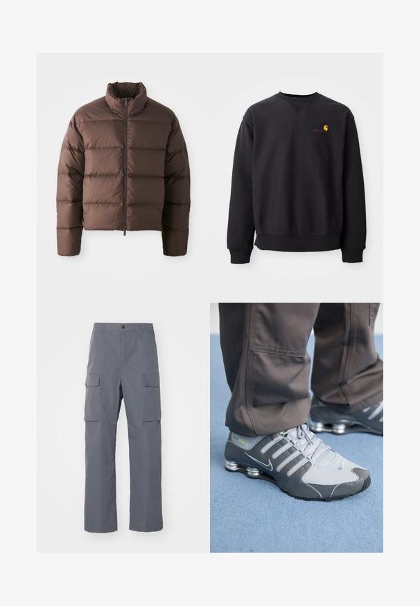 Bruine pufferjack met hoge kraag en ritssluiting aan de voorkant, met horizontale gestikte delen en elastische manchetten voor warmte.; Zwarte sweatshirt met ronde hals, lange mouwen en geribbelde manchetten. Bevat een geel en rood logo op de linkerborst. Gemaakt van zacht katoen.; Grijze cargobroek van duurzaam materiaal. Kenmerken zijn een elastische tailleband, twee grote zijzakken en een rechte pijp.; Grijze en zilveren Nike Shox sneakers hebben een strakke uitstraling, met een combinatie van mesh en synthetische materialen, een ronde neus en een gevoerde kraag.