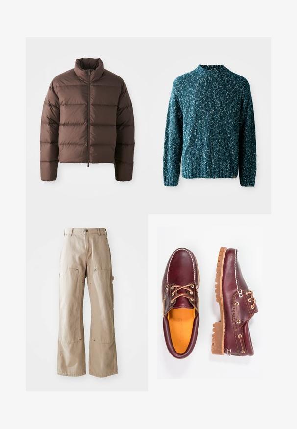 Brun pufferjakke med høj krave og frontal lynlås, som har horisontale kviltede sektioner og elastiske manchetter for varme.; Teal strikket sweater med et struktureret mønster, høj krave og ribkant. Fremstillet af et blødt stof med en let løs pasform.; Beige vide bukser lavet af slidstærkt bomuldsstof. Har for- og sidelommer, synlig syning og metaldetaljer ved lommerne.; Bordeaux lædersko med brune gummisåler, rund tå, hvid syning og gyldne snøringer. Indersiden har et gult for.