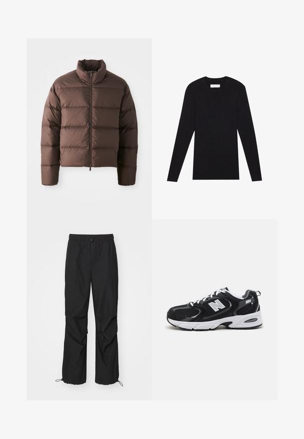 Brun pufferjakke med høj krave og frontal lynlås, som har horisontale kviltede sektioner og elastiske manchetter for varme.; Pier One by Zalando MUSCLE FIT KNITJUMPER - Striktrøje - black; Sorte, letvægtige træningsbukser med elastisk talje, lynlåsdetaljer og justerbare manchetter; har en løs pasform og en glat tekstur.; Sorte og grå sportssko med mesh og ruskind på overdelen, der har en hvid mellemsål, snørebånd og et iøjnefaldende "N" logo på siden.