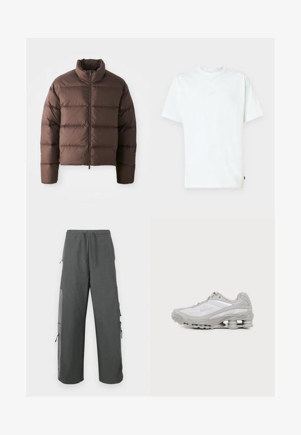 Brun pufferjakke med høj krave og frontal lynlås, som har horisontale kviltede sektioner og elastiske manchetter for varme.; Hvid bomuld T-shirt med rund hals, korte ærmer og lille præget Nike-logo på brystet. Blød tekstur og afslappet pasform.; Mørkegrå cargobukser med elastik i taljen, snøre, sidelommer og mesh-detaljer, med en løs og afslappet pasform.; Grå og hvid atletiksko med synlig luftpolstret sål og mesh-paneler, vist i profil på en ensartet lys baggrund.