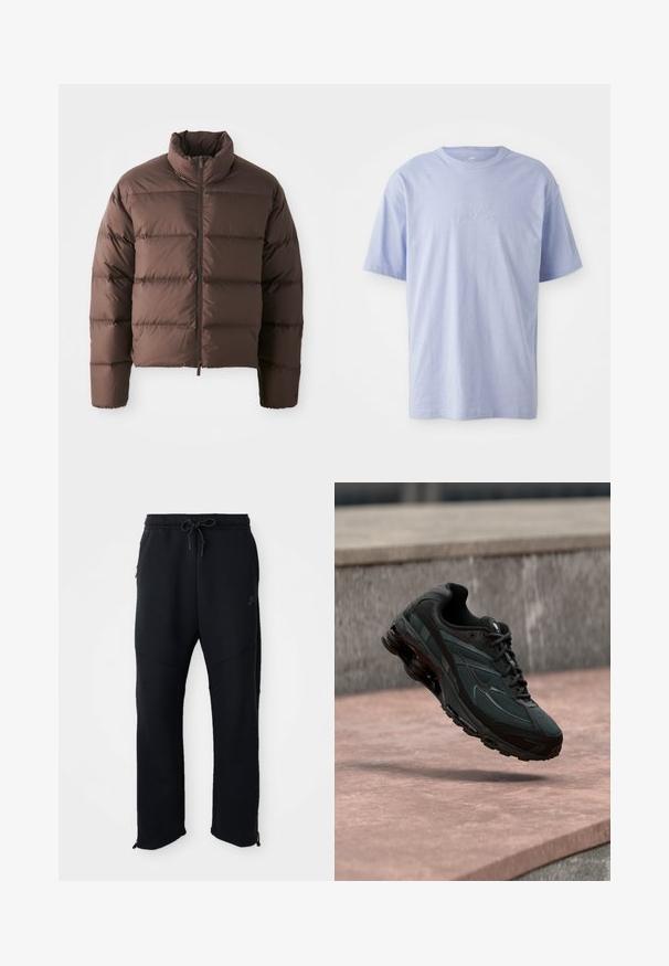 Braune Pufferjacke mit hohem Kragen und Frontreißverschluss, ausgestattet mit horizontalen Steppnähten und elastischen Bündchen für Wärme.; Hellblaues Baumwoll-T-Shirt mit Rundhalsausschnitt und kurzen Ärmeln. Mit einem geprägten "Nike"-Logo auf der Vorderseite in der Mitte. Weicher Stoff.; Schwarze Sporthose mit elastischem Bund und Kordelzug, seitlichen Taschen, schmal zulaufenden Beinen und Reißverschlüssen an den Knöcheln. Glatte Textur.; Schwarzer athletischer Sneaker mit sichtbarer Air-Cushioning-Zwischensohle, der über einer rosa Steinoberfläche mit grauer Steinmauer im Hintergrund schwebt.