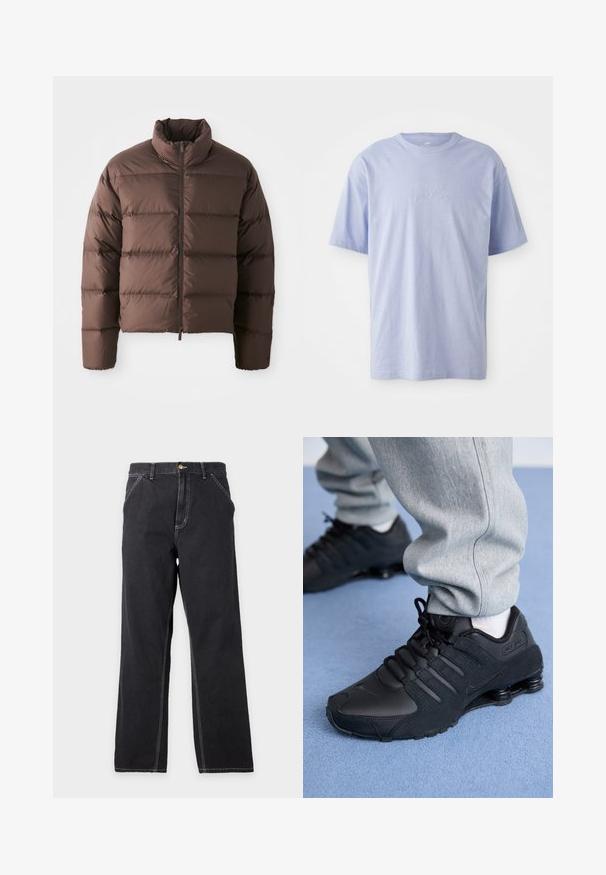 Brun pufferjakke med høj krave og frontal lynlås, som har horisontale kviltede sektioner og elastiske manchetter for varme.; Lysblå bomulds T-shirt med rund halsudskæring og korte ærmer. Har et præget "nike" logo i midten foran. Blød tekstur.; Sorte jeans med lige ben, forlommer, bæltestropper og synlige hvide syninger på en ensfarvet lys grå baggrund.; Person iført sorte Nike Shox sneakers og grå joggingbukser, der står på lyseblåt tæppe.