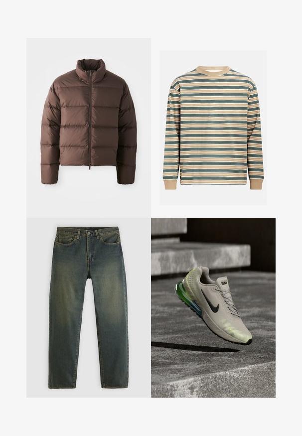 Bruine pufferjack met hoge kraag en ritssluiting aan de voorkant, met horizontale gestikte delen en elastische manchetten voor warmte.; Langärmelig shirt in beige met horizontale strepen in donkergroen en wit. Ronde hals en geribbelde manchetten. Zacht katoenen materiaal.; Donkergroene denim jeans met een ontwerp met vijf zakken, een knoopsluiting en een recht model, weergegeven op een effen lichte achtergrond.; Beige sportschoen met een gestructureerd bovenwerk, zwarte Swoosh, lichtgroene accenten en een zichtbare luchtkusseneenheid in groen en blauw.