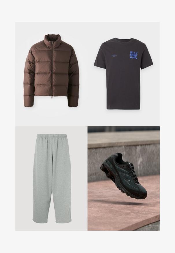 Braune Pufferjacke mit hohem Kragen und Frontreißverschluss, ausgestattet mit horizontalen Steppnähten und elastischen Bündchen für Wärme.; Schwarzes kurzärmeliges T-Shirt mit Rundhalsausschnitt und blauem "NIKE"-Schriftzug in gotischer Schrift auf der Brust sowie kleinerem "NIKE AIR INCORPORATED 1972" Schriftzug auf der linken Seite.; Hellgraue Jogginghose mit elastischem Bund, schmal zulaufendem Bein und weicher Textur. Keine sichtbaren Markenlogos oder Muster.; Schwarzer athletischer Sneaker mit sichtbarer Air-Cushioning-Zwischensohle, der über einer rosa Steinoberfläche mit grauer Steinmauer im Hintergrund schwebt.