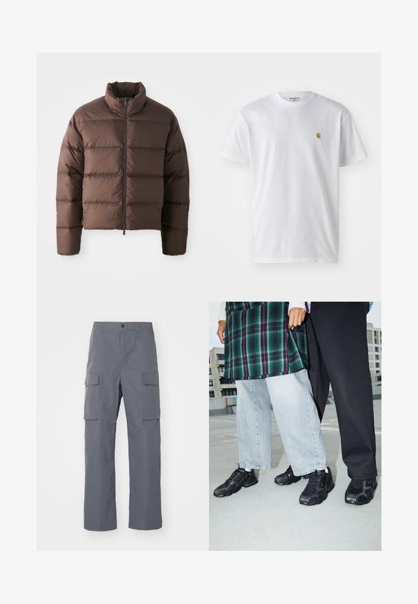 Brun pufferjakke med høj krave og frontal lynlås, som har horisontale kviltede sektioner og elastiske manchetter for varme.; Hvid bomulds t-shirt med korte ærmer, rund hals og et lille guld logo på venstre brystområde. Blød tekstur og almindelig pasform.; Grå cargo-bukser lavet af holdbart stof. Funktioner inkluderer en elastisk talje, to store sidelommer og en lige benudskæring.; Sorte atletik sko med mesh- og gummidetaljer. Båret med lysegrå vide jeans og en ternet grøn bluse. Flad overflade i baggrunden.