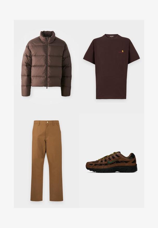 Braune Pufferjacke mit hohem Kragen und Frontreißverschluss, ausgestattet mit horizontalen Steppnähten und elastischen Bündchen für Wärme.; Braunes Baumwoll-T-Shirt mit kurzen Ärmeln, Rundhalsausschnitt, Logo auf der linken Brust in Orange und Rot, gerader Saum und lockere Passform.; Herrenhose mit geradem Bein in Braun, ausgestattet mit Gürtelschlaufen, Seitentaschen und vorderer Knopföffnung, auf weißem Hintergrund.; Braun und schwarze Low-Top-Sneaker mit grünem Nike-Swoosh, gelben und schwarzen Schnürsenkeln und schwarzer Sohle, Seitenansicht auf hellem Hintergrund.