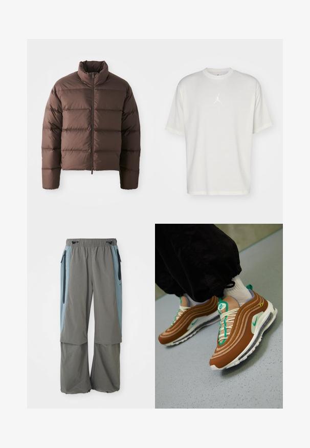 Brun pufferjakke med høj krave og frontal lynlås, som har horisontale kviltede sektioner og elastiske manchetter for varme.; Hvid bomulds t-shirt med rund halsudskæring, korte ærmer og et lille broderet logo i midten. Løst fit design med minimal syning.; Grå udendørsbukser med bred ben-design, featuring mørkeblå sidelapper og lynlåslommer. Lavet af letvægts, åndbart materiale.; Brune Nike Air Max 97 sneakers med lagdelt design, teal accenter, hvide snørebånd og en synlig air-enhed i sålen.