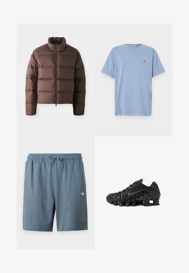 Brun pufferjakke med høj krave og frontal lynlås, som har horisontale kviltede sektioner og elastiske manchetter for varme.; Lyseblå bomulds t-shirt med korte ærmer, rund hals og et lille firkantet logomærke med et stiliseret bogstav "C" på brystet.; Blå shorts med elastisk talje og snor, samt lille hvid North Face-logo på venstre lår.; Sorte atletikskoser lavet af mesh og syntetiske materialer, med et karakteristisk bølget design, sort gummisål og reflekterende detaljer.