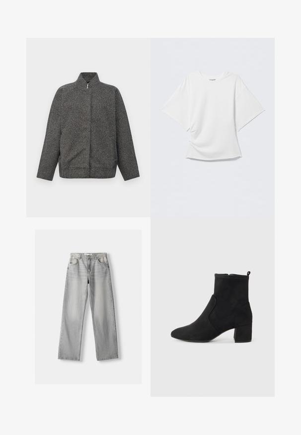 Grijze zip-up jas gemaakt van textuurstof; heeft een hoge kraag en een ontspannen, oversized pasvorm. Schoon ontwerp zonder zichtbare versieringen.; Witte oversized T-shirt met korte mouwen en ronde hals, licht gerimpelde voorkant, getoond tegen een effen lichtgrijze achtergrond.; Lichtgrijze denim jeans met een rechte pasvorm, voorzien van twee voorkruizen, een knoopsluiting en subtiele vervaging voor textuur.; Zwarte suède enkellaars met blokhak, ronde neus, zijrits en een kleine treklus op een effen witte achtergrond.