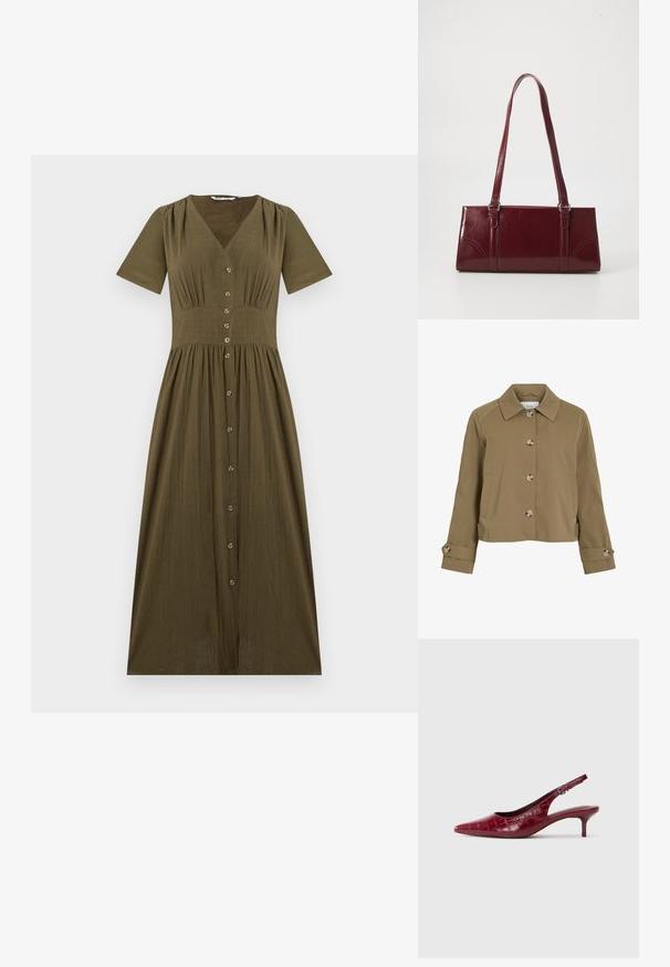 Khaki kort jasje met een rechte snit, een kraag, zes knopen, zijzakken en opgerolde manchetten met knoopaccenten. Gladde textuur, lichte stof.; Midi-jurk in olijfgroen met korte mouwen, V-hals, getailleerde taille en een knoopsluiting aan de voorkant.; Bordeaux lederen slingback pump met krokodillenstructuur, puntige neus, verstelbare gesp en lage kittenhak op een witte achtergrond.; Bourgondische handtas van glanzend materiaal, rechthoekige vorm, met twee schouderbanden en subtiele gebogen accenten aan de voorkant.