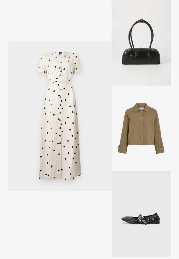 Veste courte kaki avec une coupe droite, un col, six boutons, des poches latérales et des poignets retroussés avec des accents de bouton. Texture lisse, tissu léger.; Robe maxi blanche à manches courtes avec des pois noirs, boutons devant, encolure en V et ceinture ajustée à la taille.; Chaussure plate en cuir noir avec un nez pointu, des détails froncés autour de l'ouverture et un accent en boucle argentée sur la bride ajustable.; Sac à main en cuir noir avec deux anses allongées, fermeture éclair et forme arrondie ; texture lisse avec une finition légèrement brillante.