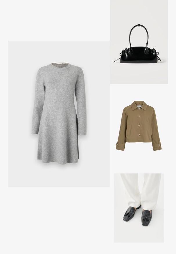 Khakifarbene Kurzjacke mit geradem Schnitt, Kragen, sechs Knöpfen, seitlichen Taschen und umgeschlagenen Ärmelabschlüssen mit Knopfakzenten. Glatte Textur, leichtes Gewebe.; Graues Langarmkleid aus weichem Stoff; verfügt über einen runden Ausschnitt und eine lockere Passform, die am Saum leicht ausgestellt ist und seitliche Schlitze aufweist.; Schwarze Leder-Loafers mit Quasten, ausgestattet mit eckigen Zehen und dekorativen Nähten, kombiniert mit weißen, weit geschnittenen Hosen.; Kleine schwarze glänzende Handtasche mit zwei langen Griffen und seitlichen Kordelzug-Details vor einfachem hellem Hintergrund.