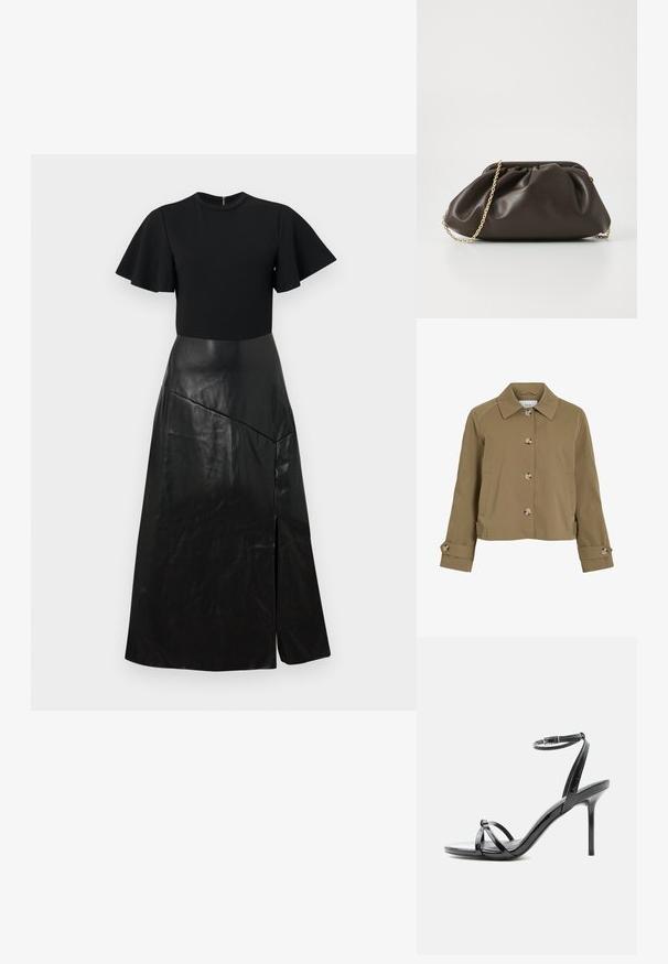 Veste courte kaki avec une coupe droite, un col, six boutons, des poches latérales et des poignets retroussés avec des accents de bouton. Texture lisse, tissu léger.; Robe noire avec des manches courtes flottantes, un corsage ajusté et une longue jupe en simili cuir avec une couture asymétrique et une fente à l'avant.; Sandale à talon haut en cuir verni noir avec de fines lanières croisées sur les orteils et une sangle à boucle à la cheville sur fond blanc.; Sac à main en cuir marron avec un design froncé, une bandoulière en chaîne dorée et une finition douce et texturée. Sa forme compacte est idéale pour une utilisation en soirée.