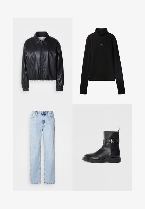Μαύρο cropped μπουφάν από τεχνητό δέρμα με φερμουάρ μπροστά, μυτερό γιακά και ελαστικούς καρπούς. Διαθέτει ελάχιστη επωνυμία στο στήθος.; Μαύρο ριμπ (ribbed) τοπ με μακριά μανίκια και μικρό τετράγωνο πατς με το λογότυπο Calvin Klein στο κέντρο του στήθους.; Ανοιχτό μπλε παντελόνια με φαρδύ καβάλι από τζην, με υψηλή μέση, ξεθωριασμένο πλύσιμο και διακριτό σχέδιο tie-dye μπροστά.; Μαύρη δερμάτινη μπότες έως τον αστράγαλο με επίπεδο πάτο, διαθέτοντας μια πλαϊνή λωρίδα και λεπτομέρειες λογότυπου CK σε ασημί τόνο. Λείος υφή και κομψός σχεδιασμός.