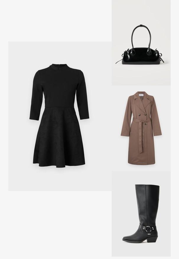 Trench-coat marron croisé avec ceinture, manches longues, larges revers et boutons noirs. Confectionné en tissu lisse avec une silhouette élégante.; Robe noire avec un corsage ajusté et une jupe évasée. Manches longues et encolure ronde. Fabriquée en tissu lisse avec une texture subtile. Fermeture à glissière au dos.; Bottines noires en cuir hauteur genou avec un bout pointu, dotées d'une sangle décorative à la cheville et d'accents en métal argenté. Talon bas empilé.; Petit sac à main noir brillant avec deux longues anses et des détails à cordon sur les côtés sur un fond clair uni.