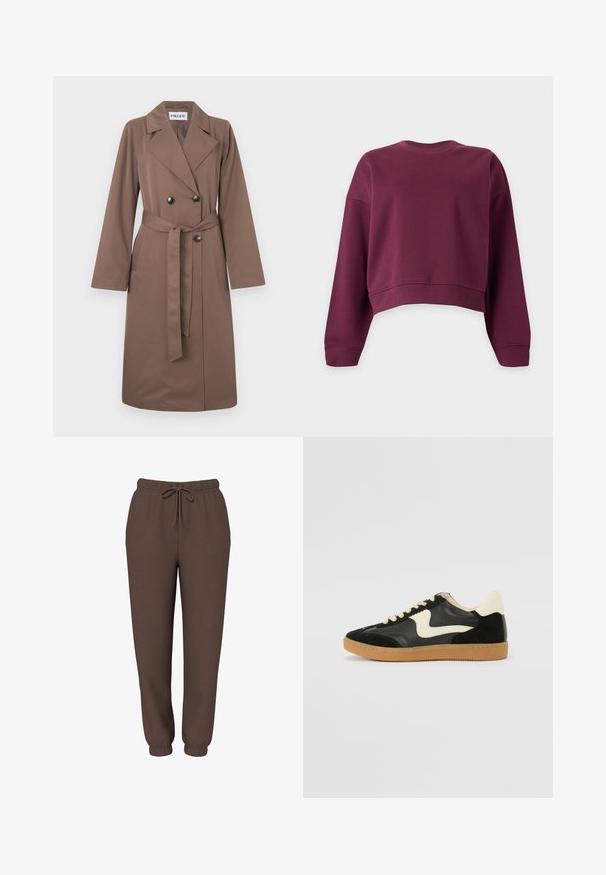 Trench-coat marron croisé avec ceinture, manches longues, larges revers et boutons noirs. Confectionné en tissu lisse avec une silhouette élégante.; Sweat-shirt court à manches longues et col rond, de couleur bordeaux foncé uni, avec poignets et ourlet côtelés.; Pantalon de jogging marron avec taille élastique, cordon de serrage et bas élastiqués, présenté de face sur fond blanc.; Baskets en daim et cuir noir avec un swoosh latéral crème et un talon crème clair. Dotées de lacets beige et d'une semelle en caoutchouc gomme.