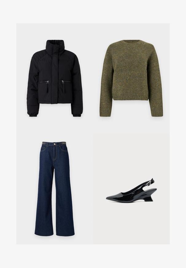 Chaqueta acolchada negra corta con un collar alto, dos bolsillos frontales con cremallera, puños elásticos y textura suave.; Suéter de lana verde con cuello redondo, puños y dobladillo acanalados, tela texturizada y un ajuste ligeramente holgado.; Los pantalones vaqueros de pierna ancha de denim azul oscuro cuentan con una cintura alta, acentos de cadena dorada en la pretina y detalles de costura en contraste a lo largo de la prenda.; Zapato slingback de cuero charol negro con puntera puntiaguda y tacón bajo en bloque inclinado sobre fondo claro liso.