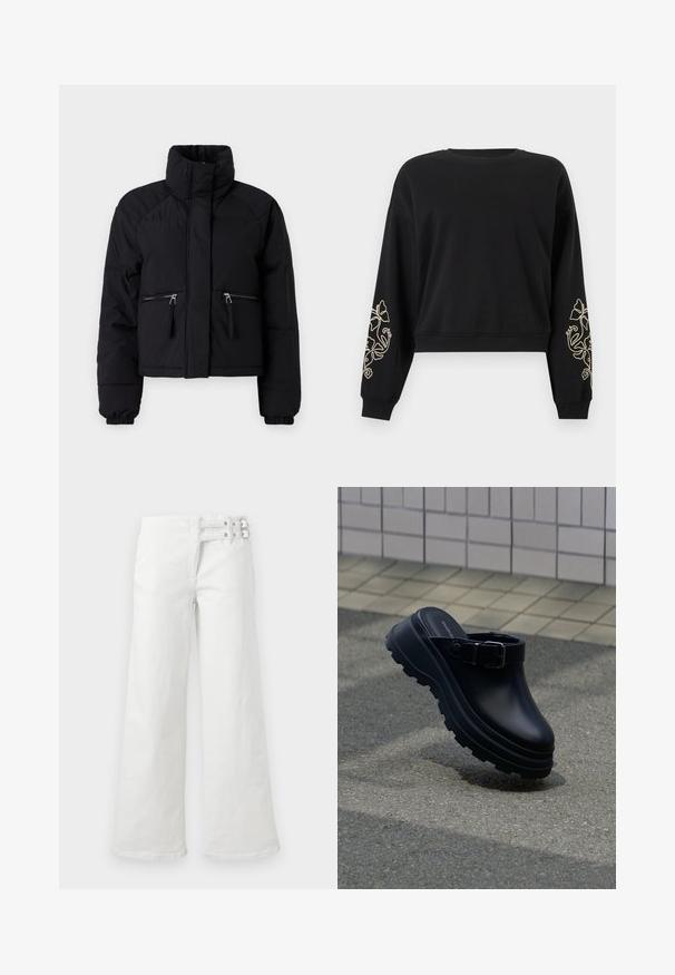 Schwarze, kurze Pufferjacke mit hohem Kragen, zwei mit Reißverschluss verschlossenen vorderen Taschen, elastischen Bündchen und glatter Textur.; Schwarzes, langärmeliges, kurz geschnittenes Sweatshirt mit gerippten Bündchen und Saum, versehen mit beiger Blumenstickerei auf beiden Unterarmen.; Weiße Hose mit weitem Bein und hoher Taille, doppelter Schnallendetail an der rechten Seite, Frontnaht und Reißverschluss.; Schwarzer Slip-on-Clog mit dicker profilierten Sohle und verstellbarem Riemen, über Asphalt positioniert, mit gefliester Wand im Hintergrund.