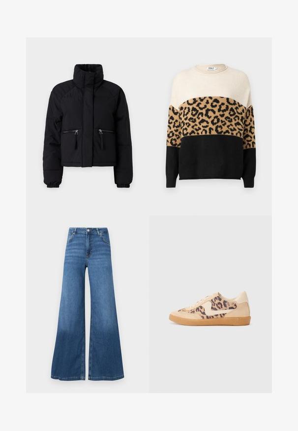 Chaqueta acolchada negra corta con un collar alto, dos bolsillos frontales con cremallera, puños elásticos y textura suave.; Suéter de punto con cuello redondo. Presenta secciones en crema, beige y negro con un patrón de estampado de leopardo en el área beige. Textura suave.; Vaqueros de pierna ancha azul hechos de denim, con cintura alta, bolsillos frontales y un dobladillo limpio. Sin patrones ni adornos visibles.; Zapatillas de leopardo con parte superior de ante beige, suela de goma marrón y acentos blancos. Punta redonda y diseño con cordones con un acabado texturado.